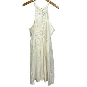 Doe and Rae size small Women halter dress Linen white eyelet ruffle mini lace bo